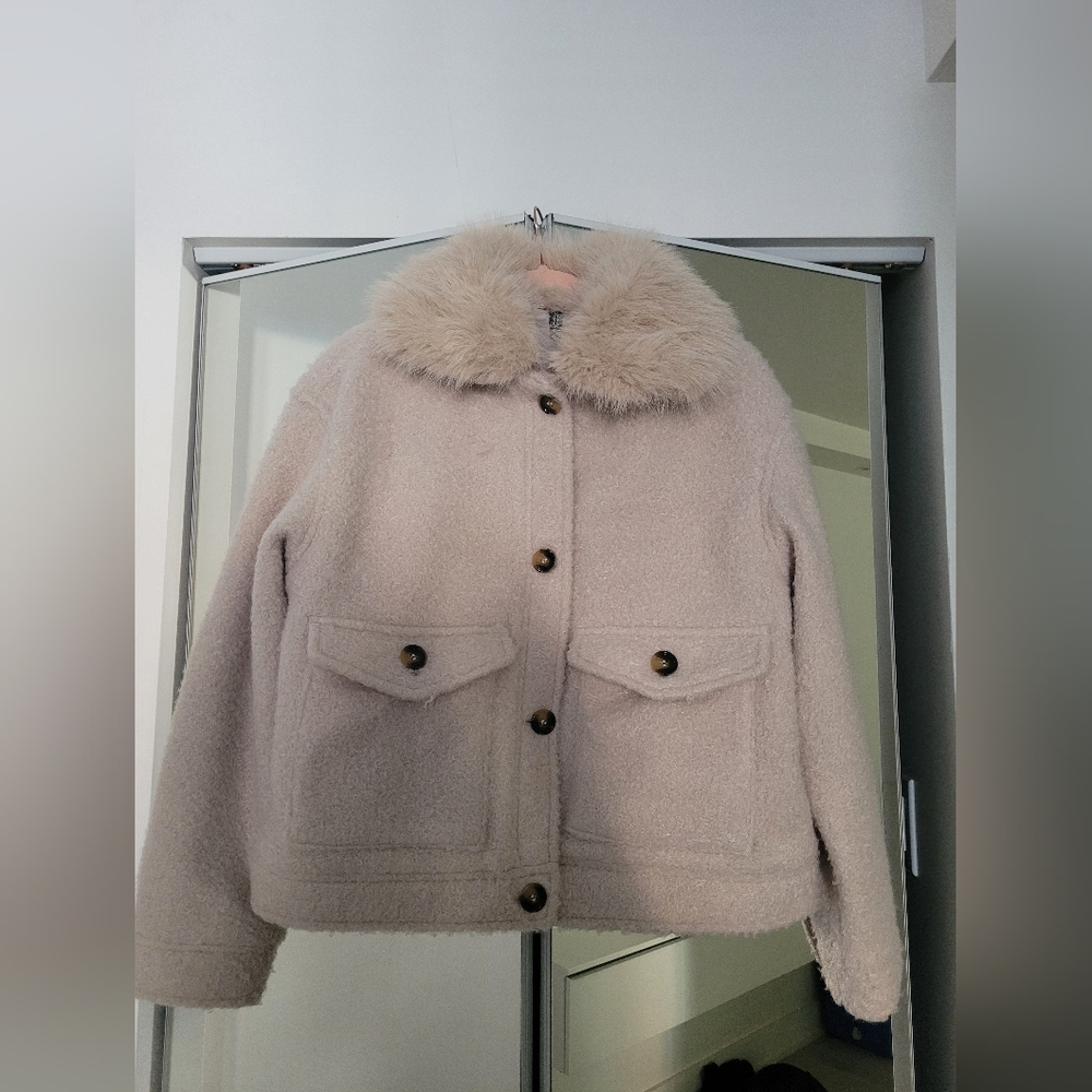 H&M Cream Teddy Jacket with Faux Fur Collar